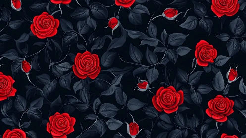 Red roses with dark foliage on black background.