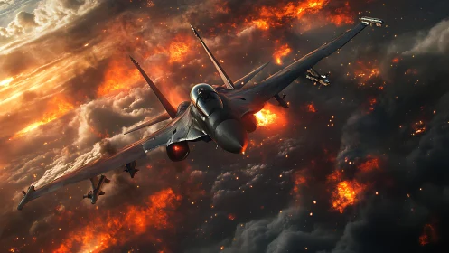 Fighter jet amid explosive aerial combat scene.