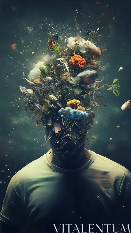 Surreal male portrait with exploding botanical mindscape.