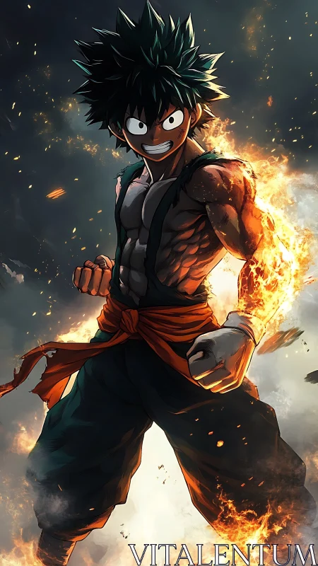 Anime fire-charged fighter in dynamic vertical composition.