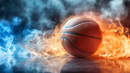 Basketball ignites amid fire and ice smoke contrast.