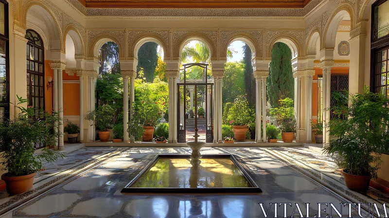 Ornate courtyard with arches, central pool and potted plants.