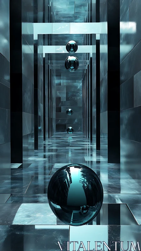 Reflective chrome spheres drift through an endless glass corridor.