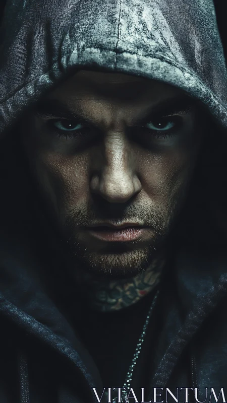 Hooded man stares forward with intense low key lighting