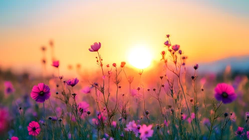 Cosmos Flowers Silhouetted Against Golden Hour Sunset.