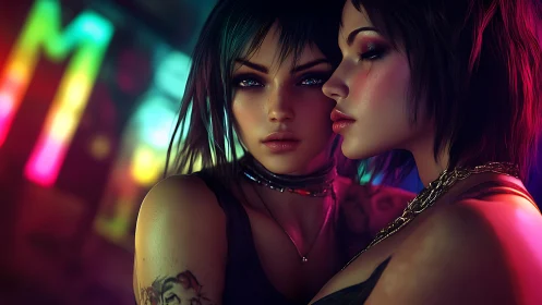 Two cyberpunk women pose in neon nightclub lighting close together