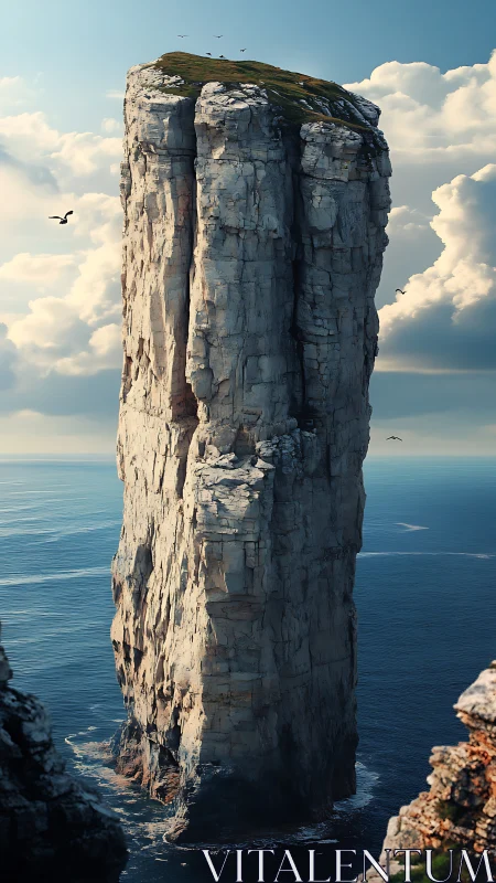 Isolated limestone sea stack rises vertically from ocean waters