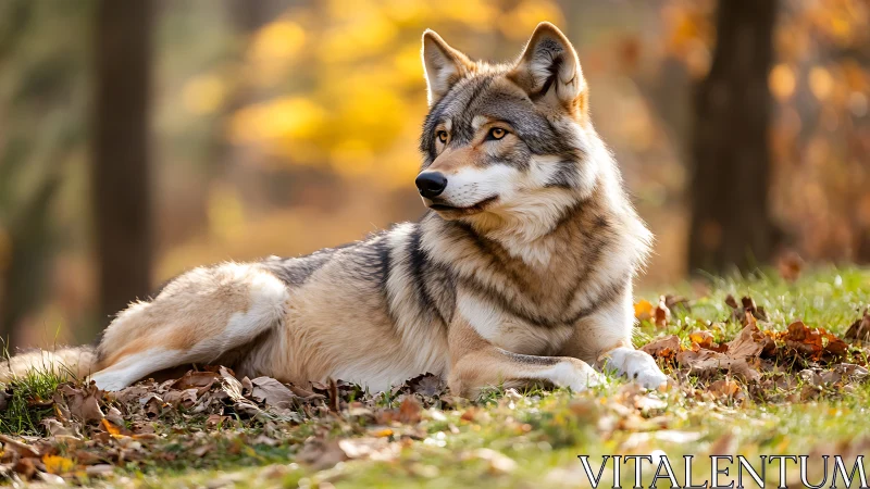 Autumn sentinel wolfdog lounging in amber forest hush.
