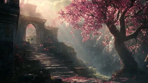 Whispering stone stairway drifts into blossom-soaked dawn