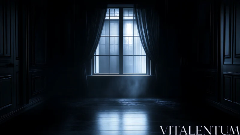 Moonlit window casts eerie glow across dark interior.