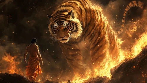 Tiger made of fire towers over man in burning landscape
