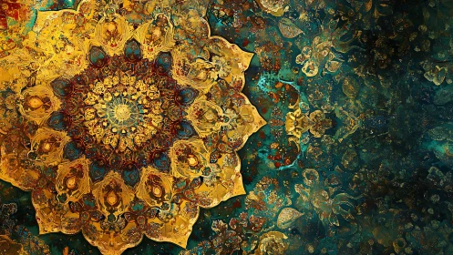 Golden mandala blooms across a deep teal cosmic tapestry