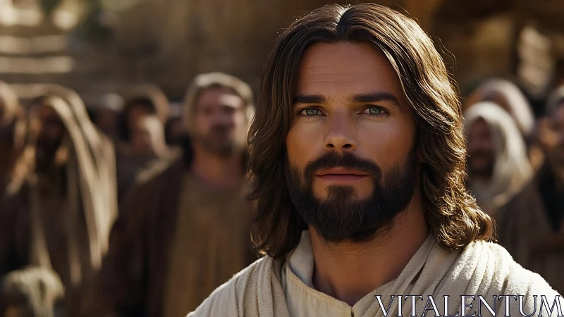 Central bearded figure stands before blurred robed crowd