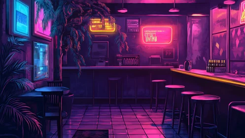 Neon shadows linger while an empty cyber bar softly hums