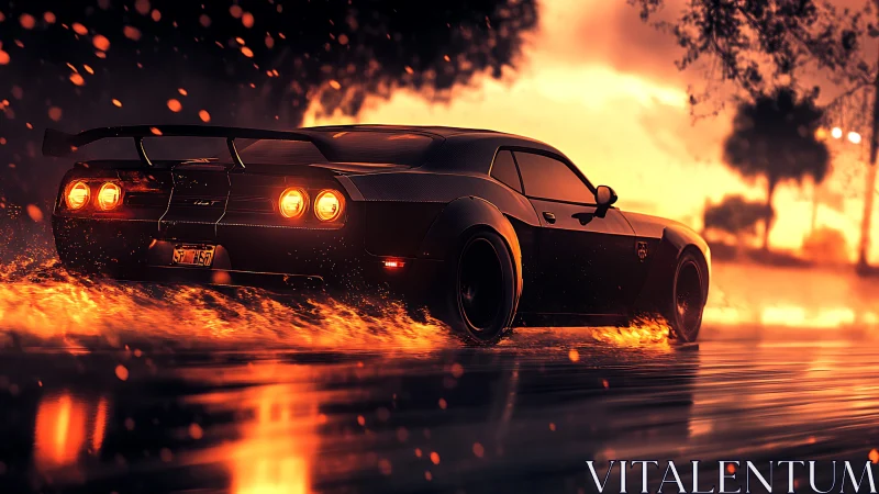 Widebody muscle car powerslides through reflective wet roadway at dusk