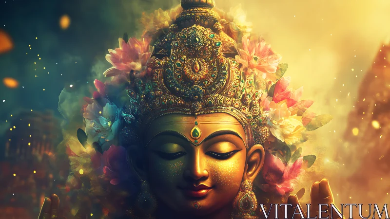 Radiant golden deity amid lotus blossoms in glowing light.