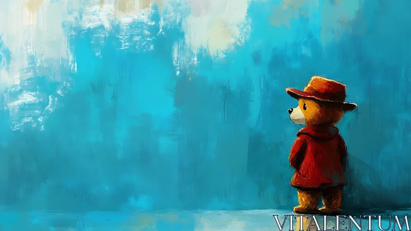 Small bear in red coat against large blue painted wall.