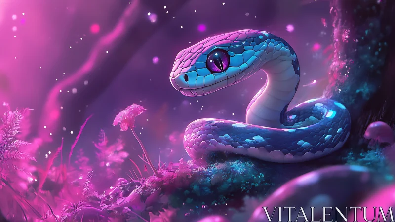 Bioluminescent snake curls through neon fantasy forest glow.