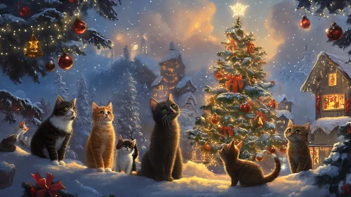 Festive Cats Gathered in Enchanted Winter Village.