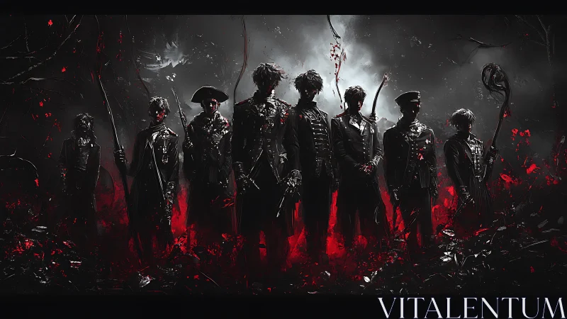 Shadowy warriors stand in crimson mist before a storm