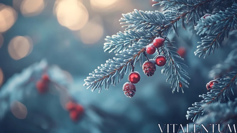 Frosted evergreen branch with red berries in soft focus light.