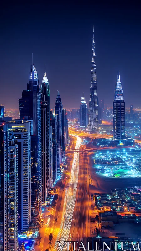 Nocturnal skyscraper corridor with vivid neon traffic trails.