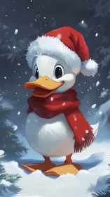 Cartoon duck wears Santa hat and scarf in snowy forest
