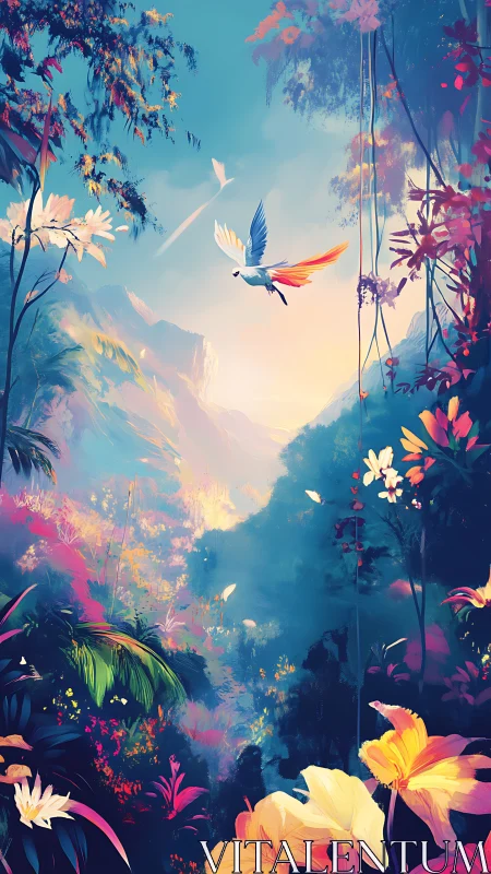 Parrot soars above luminous tropical valley at sunrise