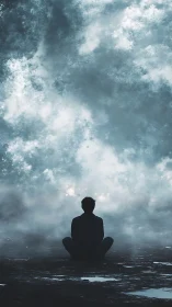 Silhouette of lone person seated before vast cloudy sky.