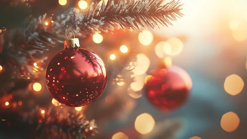 Red baubles hang on a lit evergreen branch in soft focus