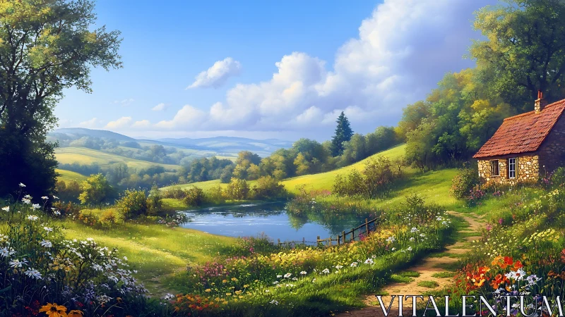 Stone cottage stands beside reflective pond in hilly meadow