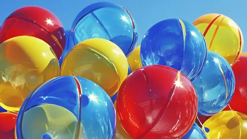 Inflatable beach balls stacked under bright midday sun.
