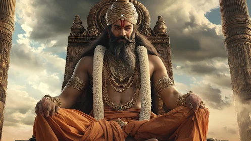 Mythic sage king sits in divine throne under stormy skies