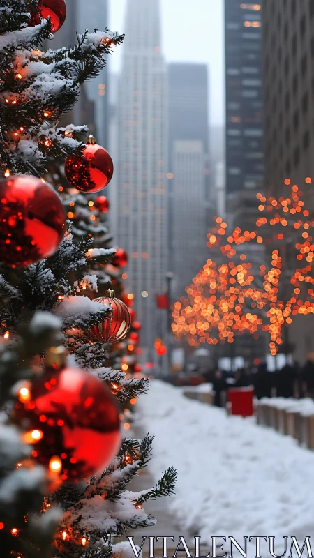 Snowy city street glows with red Christmas ornaments and lights