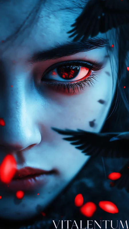 Glowing crimson eye contrasts with blue-lit cinematic portrait