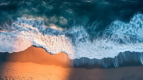 Aerial coastal surf captures luminous shoreline gradient