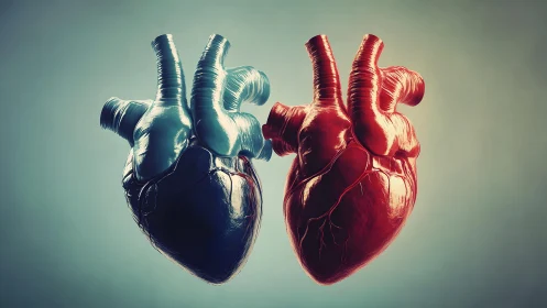 Two realistic human hearts in blue and red, digital art style.