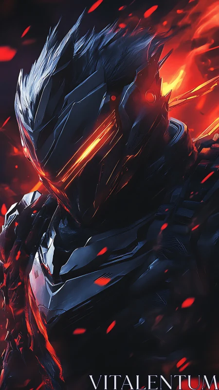 Infernal cybernetic knight in burning ember storm portrait.