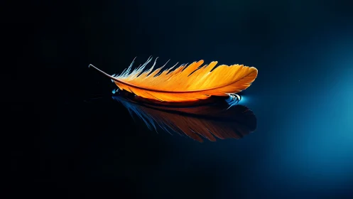 Luminous orange feather with mirror reflection on deep blue.