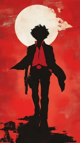 Silhouetted gunfighter strides before high-contrast lunar backdrop