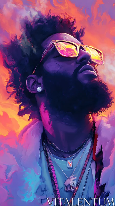 Sunlit swagger in neon clouds and glowing reflection.