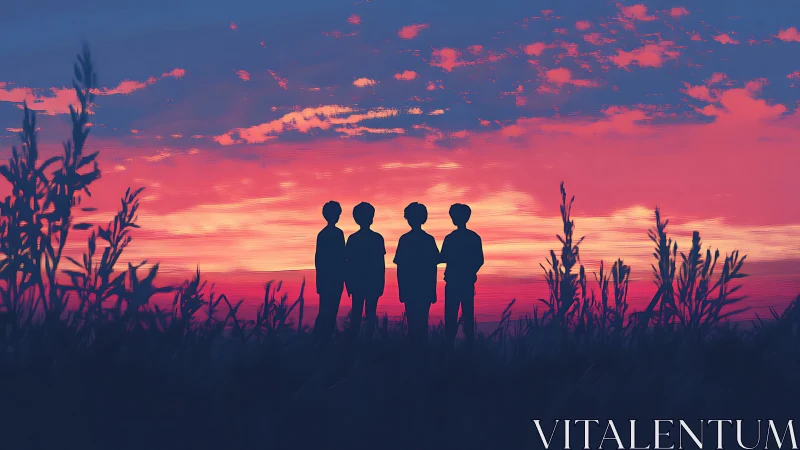 Silhouetted friends beneath a vivid magenta sunset sky.
