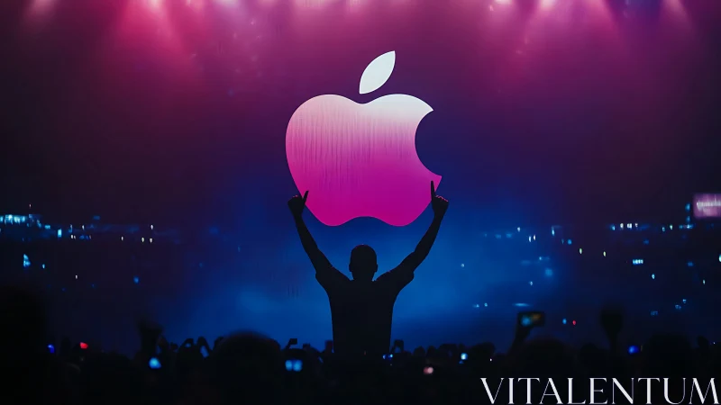 Silhouette crowd celebrates glowing logo under magenta stage lights.