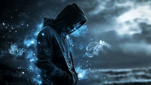 Hooded figure dissolves into electric blue spectral energy.