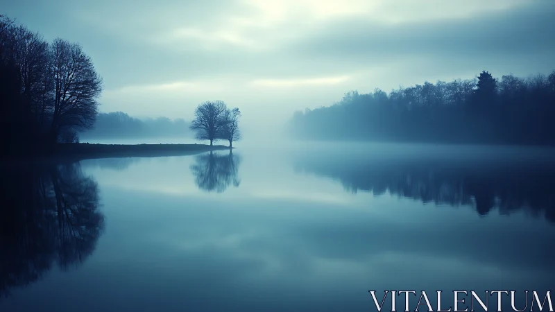 Solitary tree mirrors in mist over a tranquil blue lake