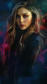 Digital portrait of young woman in dark jacket, color field.