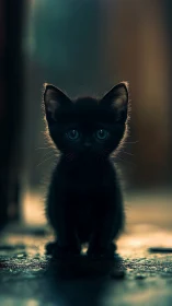 Black kitten with blue eyes positioned frontally on textured ground surface.