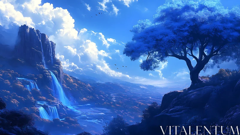Moonlit azure valley and whispering waterfalls in hush.
