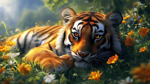 Resting tiger lies in sunlit flower meadow with intent gaze