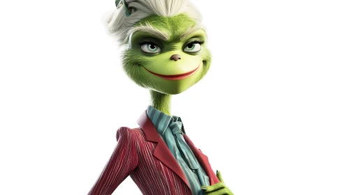 Confident green mischief‑maker poses in sharp striped suit